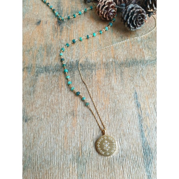 Hanka IN ilgas kaklo papuošalas su smaragdais ir cirkonio medalionu 